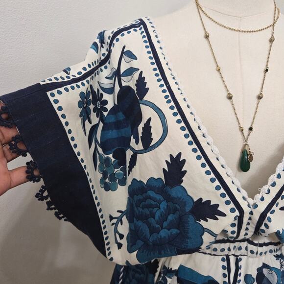 Farm Rio Tropical Tiles Mini Dress M Beaded Tassels Beachy Boho Cottage Hippie - Picture 3 of 12